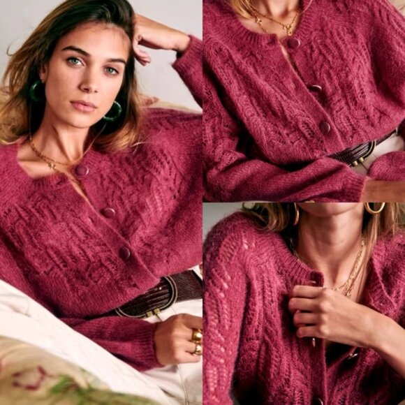 Sezane Tonio Mohair Merino Wool Sweater Cardigan Knit Berry Size Small French S - Picture 2 of 14